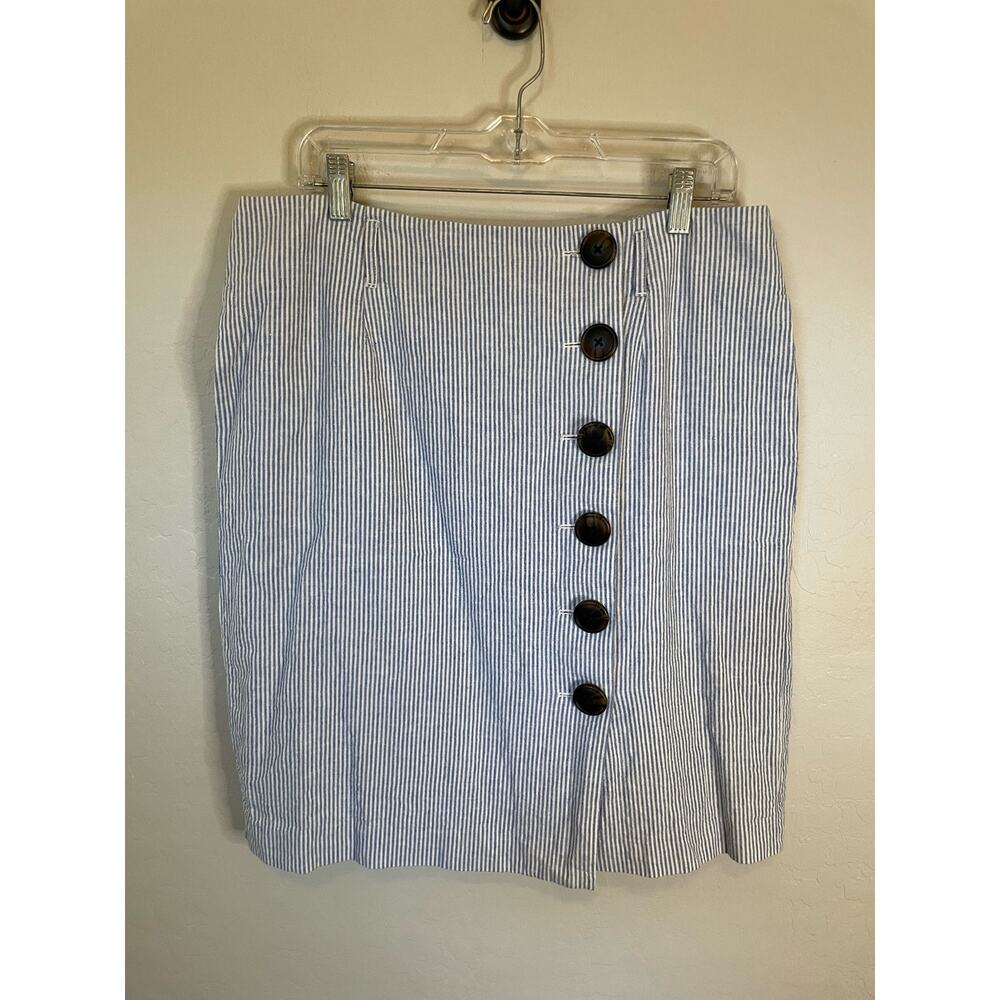 Boden Blue & White Pin Stripe Lined Knee Length Button Up Skirt Size 12 Coastal